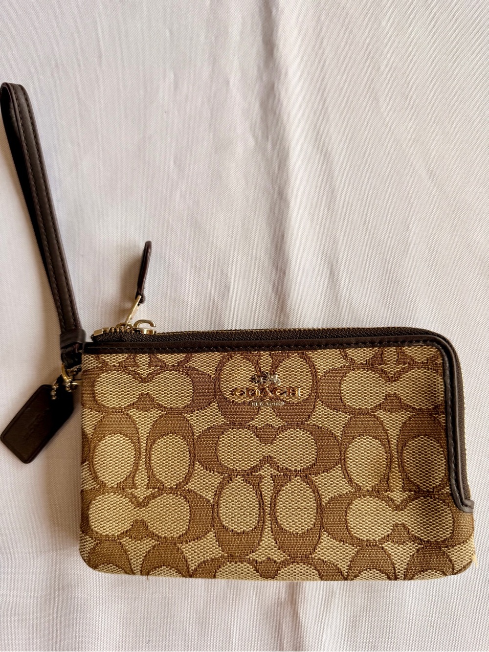Coach Brown Signature C Canvas Dual Zip Wristlet